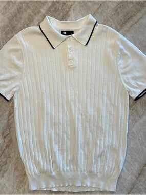 Le 31 Simons Cotton Ribbed Knit Polo Cream Black Trim L EUC